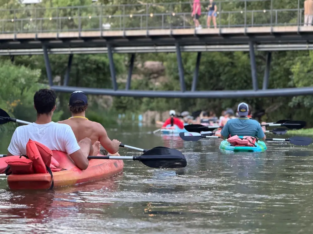 Kayaks ready for rental at Live Love Paddle, Austin